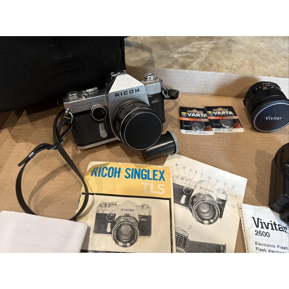 Vintage Ricoh Singlex TLS 135mm Film Camera With Manual, 2 lenses, case + more